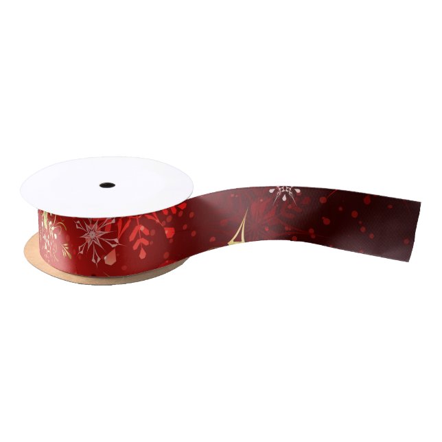 Christmas Golden Snowflakes on Red Background Satin Ribbon (Spool)