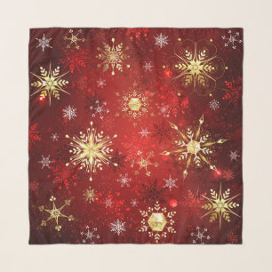 Christmas Golden Snowflakes on Red Background Scarf