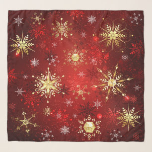 Christmas Golden Snowflakes on Red Background Scarf