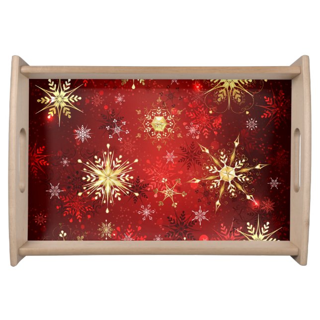 Christmas Golden Snowflakes on Red Background Serving Tray (Front)