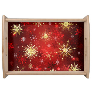 Christmas Golden Snowflakes on Red Background Serving Tray