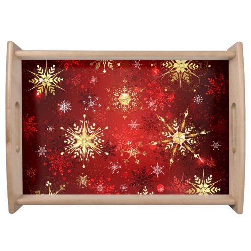 Christmas Golden Snowflakes on Red Background Serving Tray