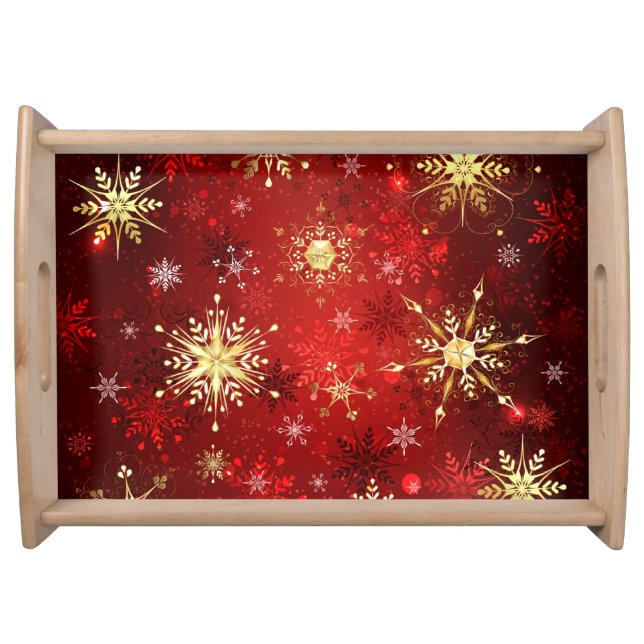 Christmas Golden Snowflakes on Red Background Serving Tray (Front)