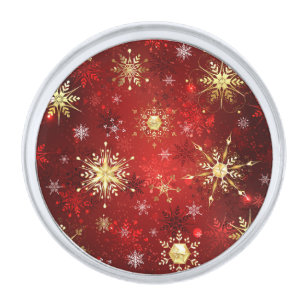 Christmas Golden Snowflakes on Red Background Silver Finish Lapel Pin