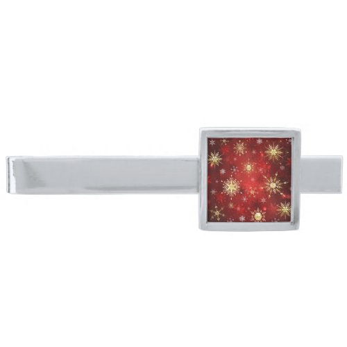 Christmas Golden Snowflakes on Red Background Silver Finish Tie Bar