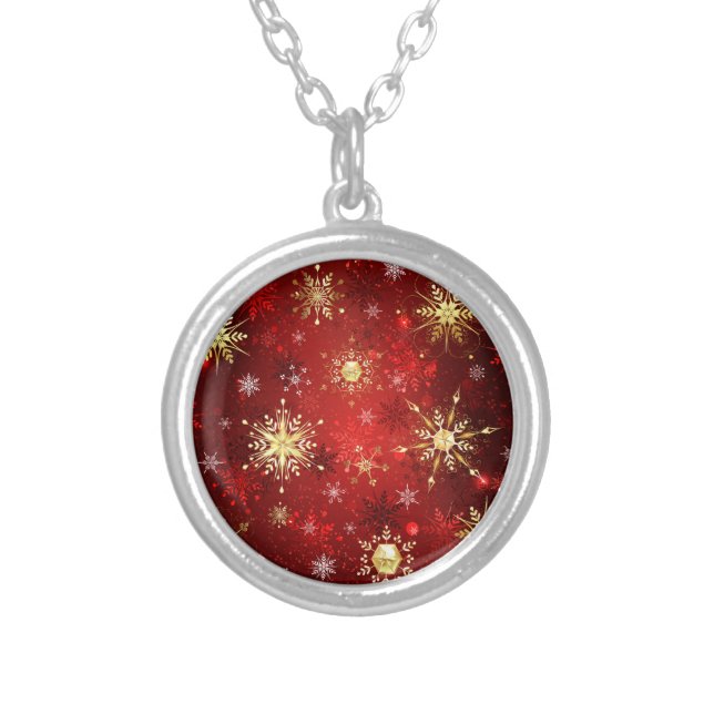 Christmas Golden Snowflakes on Red Background Silver Plated Necklace (Front)