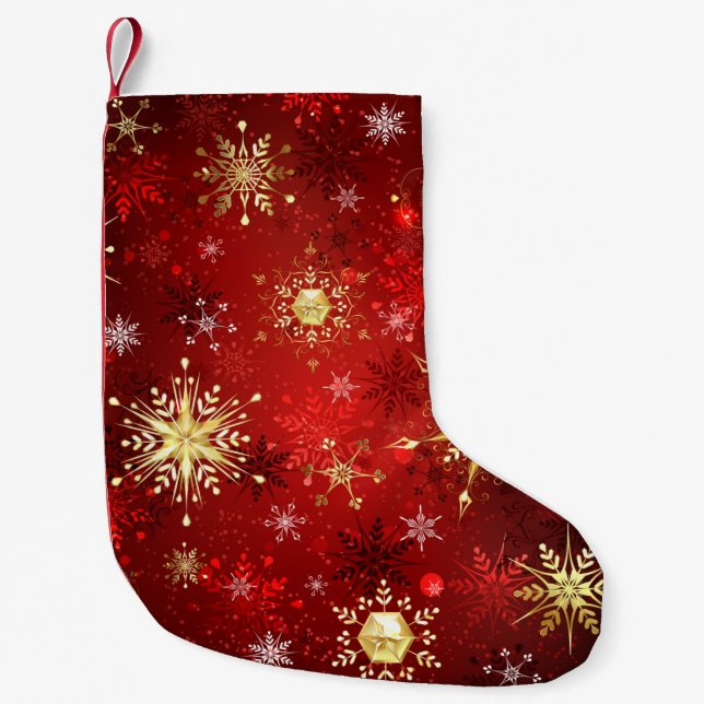 Christmas Golden Snowflakes on Red Background Small Christmas Stocking (Front)