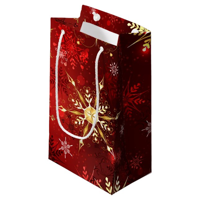 Christmas Golden Snowflakes on Red Background Small Gift Bag (Front Angled)