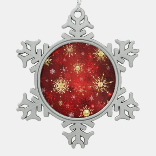 Christmas Golden Snowflakes on Red Background Snowflake Pewter Christmas Ornament