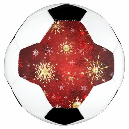 Christmas Golden Snowflakes on Red Background Soccer Ball