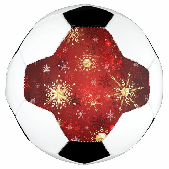 Christmas Golden Snowflakes on Red Background Soccer Ball (Front)