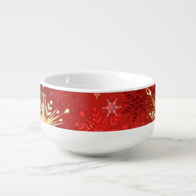 Christmas Golden Snowflakes on Red Background Soup Mug (Front)