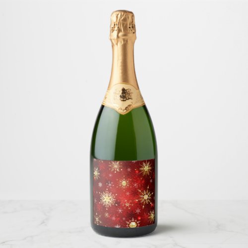 Christmas Golden Snowflakes on Red Background Sparkling Wine Label