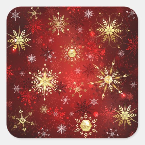 Christmas Golden Snowflakes on Red Background Square Sticker