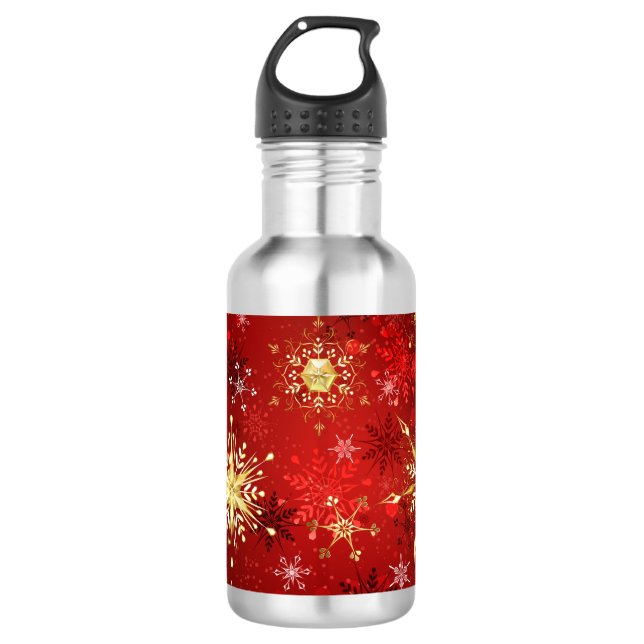 Christmas Golden Snowflakes on Red Background Stainless Steel Water Bottle (Front)