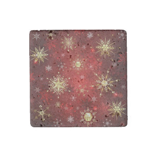 Christmas Golden Snowflakes on Red Background Stone Magnet