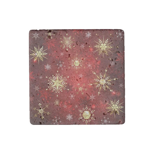 Christmas Golden Snowflakes on Red Background Stone Magnet (Front)