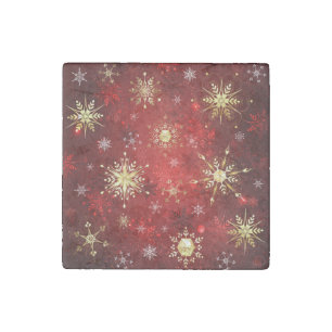 Christmas Golden Snowflakes on Red Background Stone Magnet