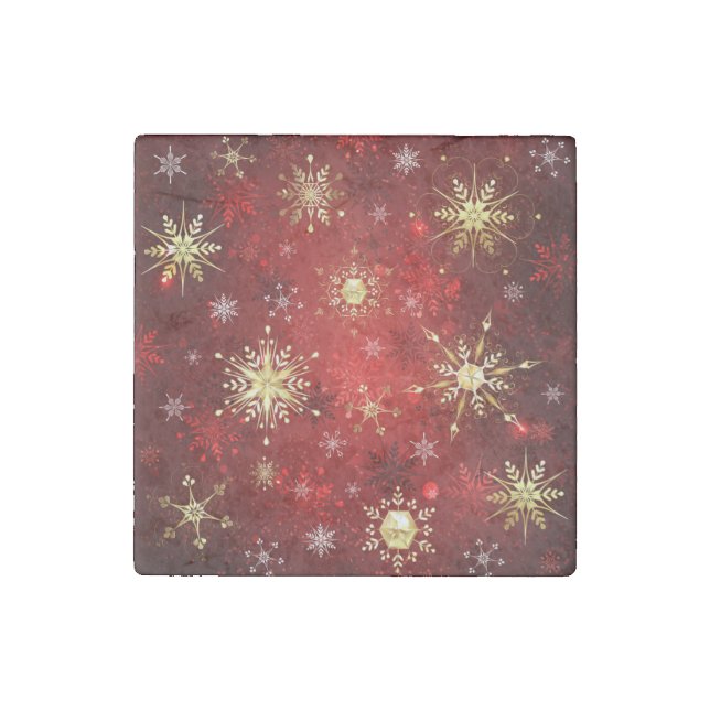 Christmas Golden Snowflakes on Red Background Stone Magnet (Front)