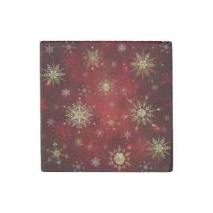 Christmas Golden Snowflakes on Red Background Stone Magnet