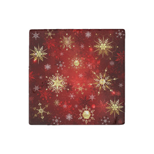 Christmas Golden Snowflakes on Red Background Stone Magnet