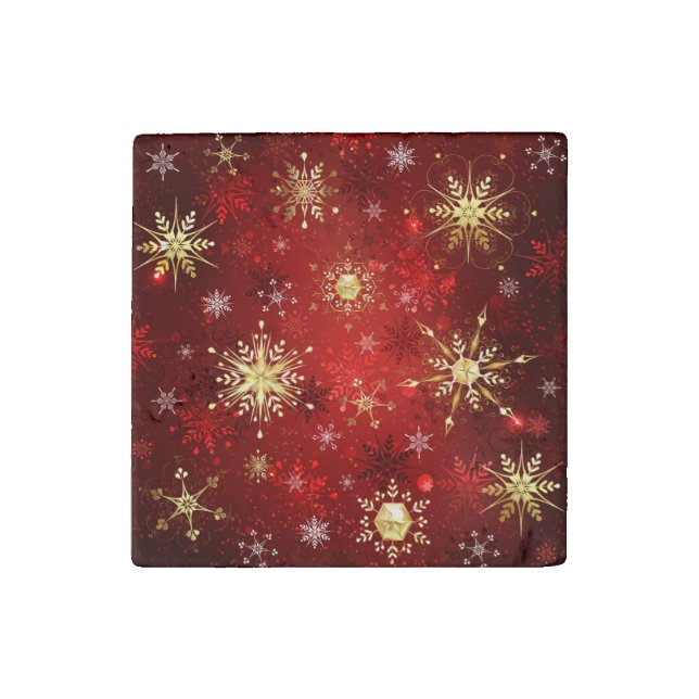 Christmas Golden Snowflakes on Red Background Stone Magnet (Front)