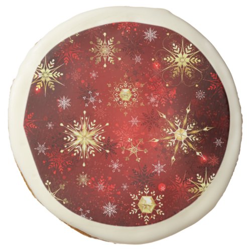 Christmas Golden Snowflakes on Red Background Sugar Cookie