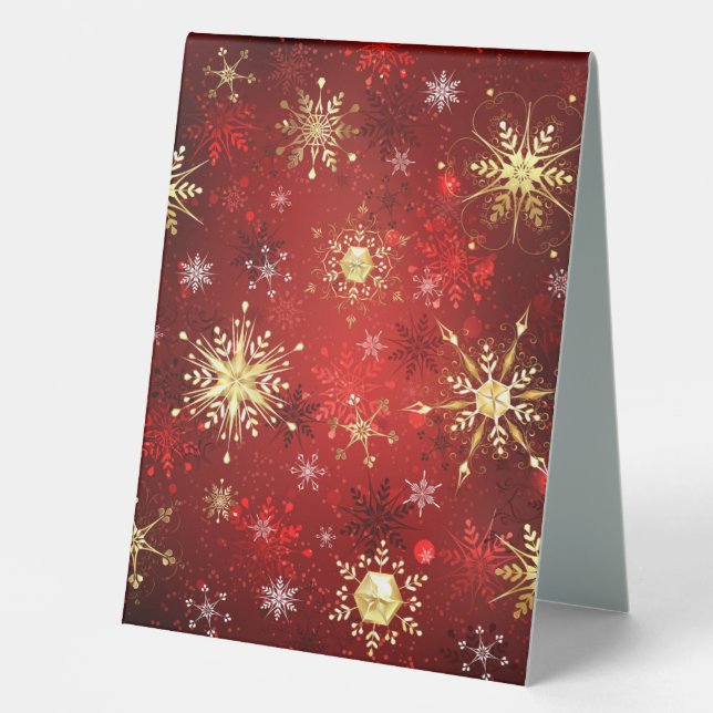 Christmas Golden Snowflakes on Red Background Table Tent (Front)