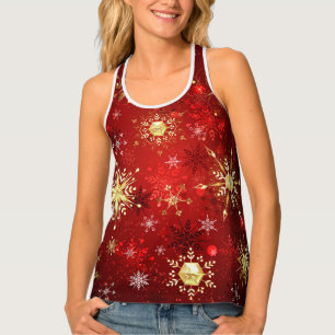 Christmas Golden Snowflakes on Red Background Tank Top