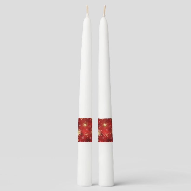 Christmas Golden Snowflakes on Red Background Taper Candle (Front)