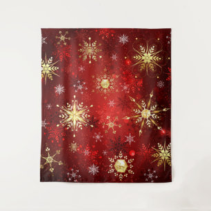 Christmas Golden Snowflakes on Red Background Tapestry