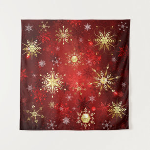 Christmas Golden Snowflakes on Red Background Tapestry