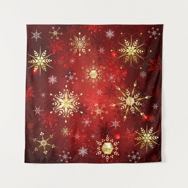 Christmas Golden Snowflakes on Red Background Tapestry (Front)