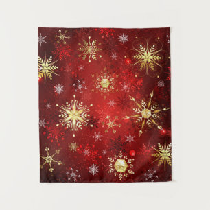 Christmas Golden Snowflakes on Red Background Tapestry