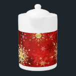 Christmas Golden Snowflakes on Red Background Teapot<br><div class="desc">Red Christmas background with gold and white jewelry snowflakes. Golden snowflakes.</div>