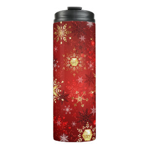 Christmas Golden Snowflakes on Red Background Thermal Tumbler