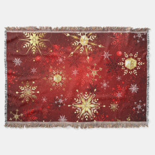 Christmas Golden Snowflakes on Red Background Throw Blanket