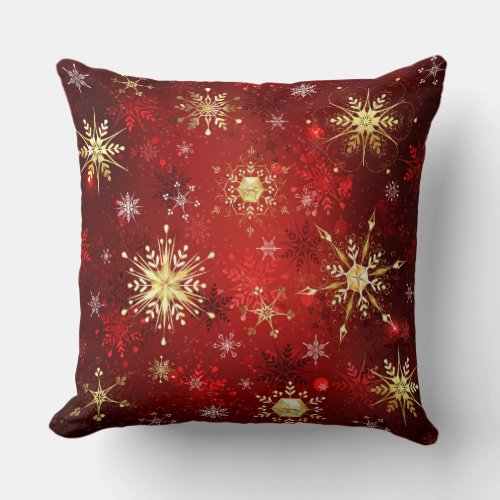 Christmas Golden Snowflakes on Red Background Throw Pillow