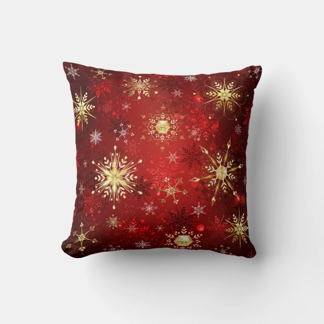 Christmas Golden Snowflakes on Red Background Throw Pillow (Front)