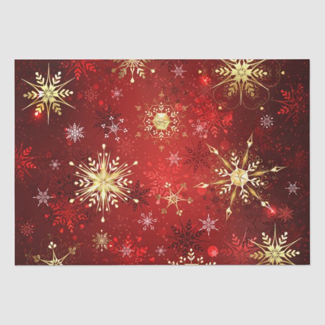 Christmas Golden Snowflakes on Red Background Tissue Paper (Front)