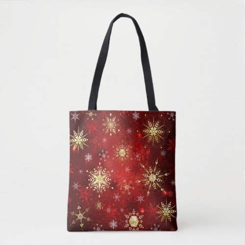 Christmas Golden Snowflakes on Red Background Tote Bag