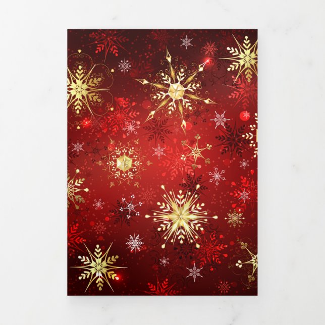 Christmas Golden Snowflakes on Red Background Tri-Fold Card (Cover)