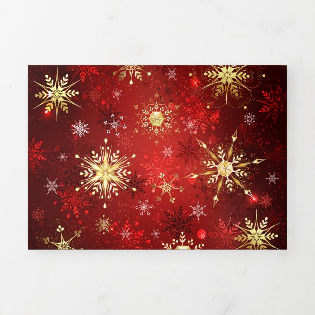 Christmas Golden Snowflakes on Red Background Tri-Fold Invitation (Cover)