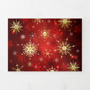 Christmas Golden Snowflakes on Red Background Tri-Fold Program