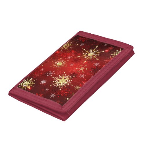 Christmas Golden Snowflakes on Red Background Trifold Wallet