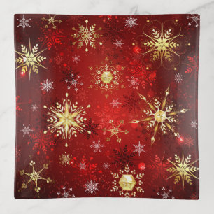 Christmas Golden Snowflakes on Red Background Trinket Tray