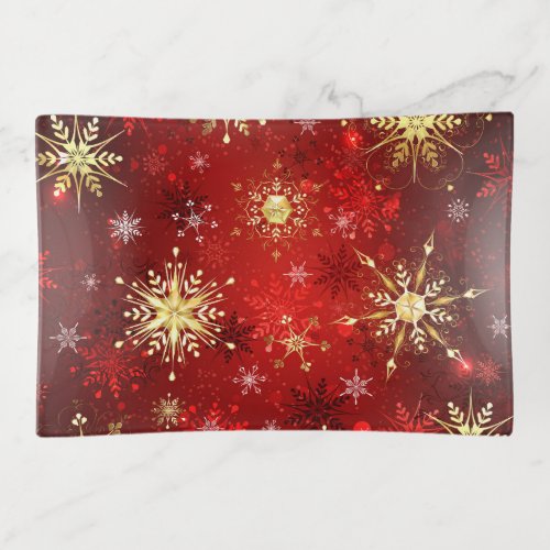 Christmas Golden Snowflakes on Red Background Trinket Tray