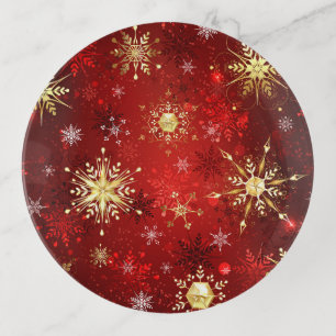 Christmas Golden Snowflakes on Red Background Trinket Tray