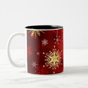 Christmas Golden Snowflakes on Red Background Two-Tone Coffee Mug