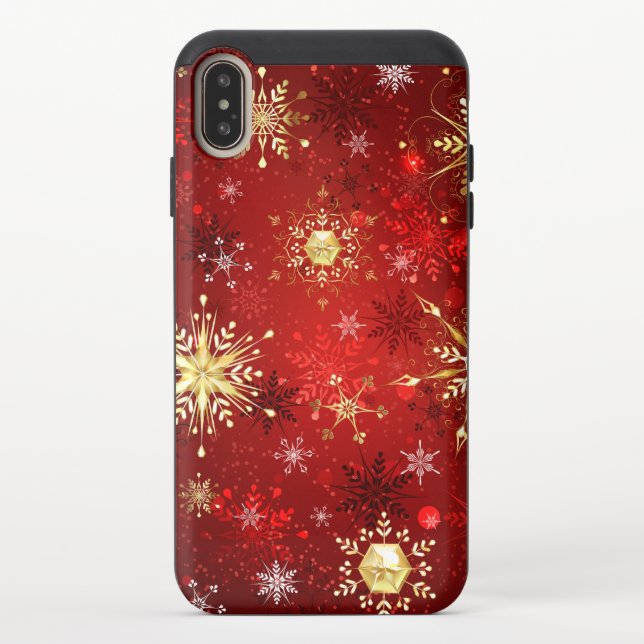 Christmas Golden Snowflakes on Red Background Uncommon iPhone Case (Back)